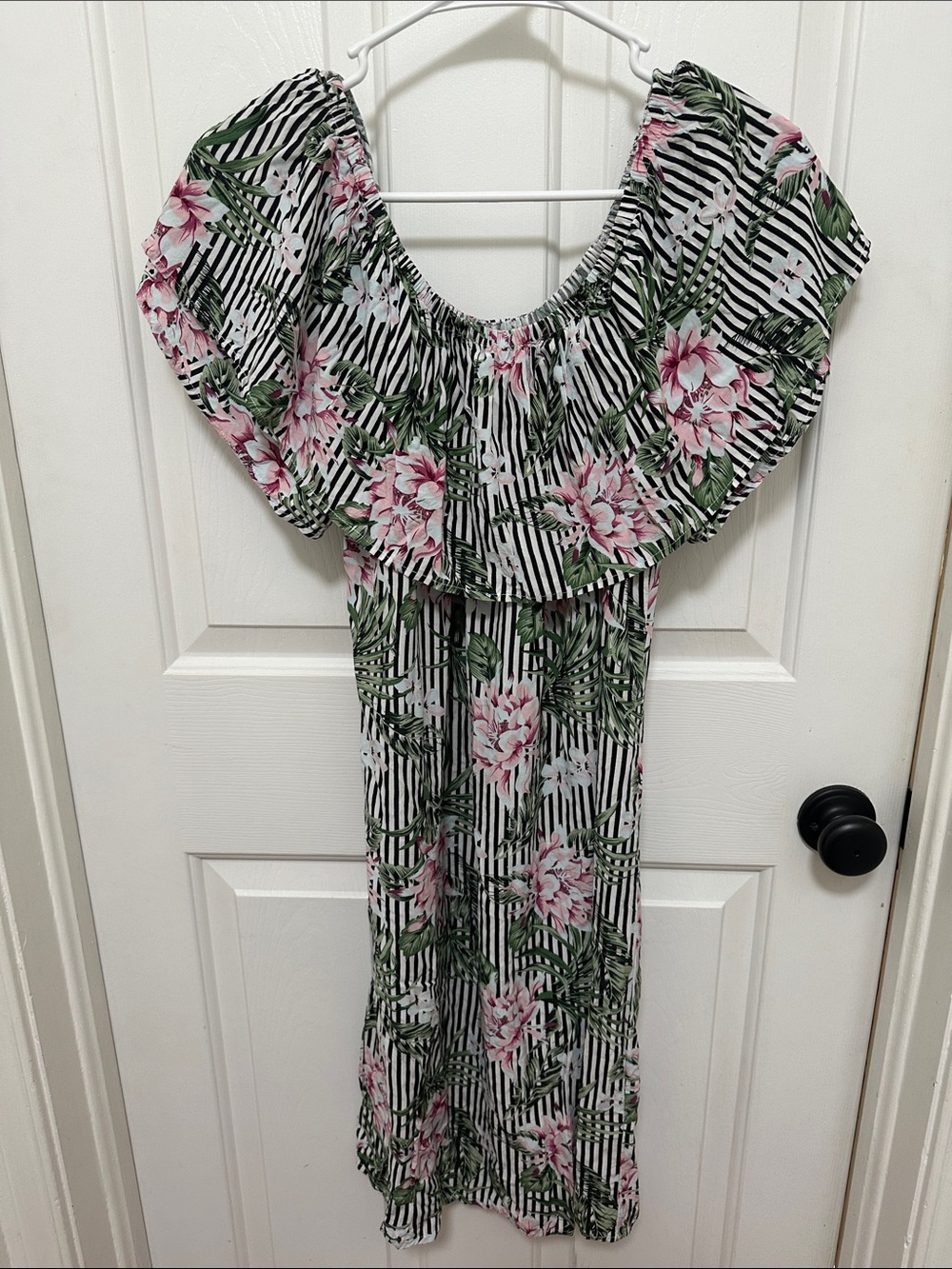 0256 Charlie‎ B Striped Floral Off-Shoulder Dress in Black, White, Green, Pink